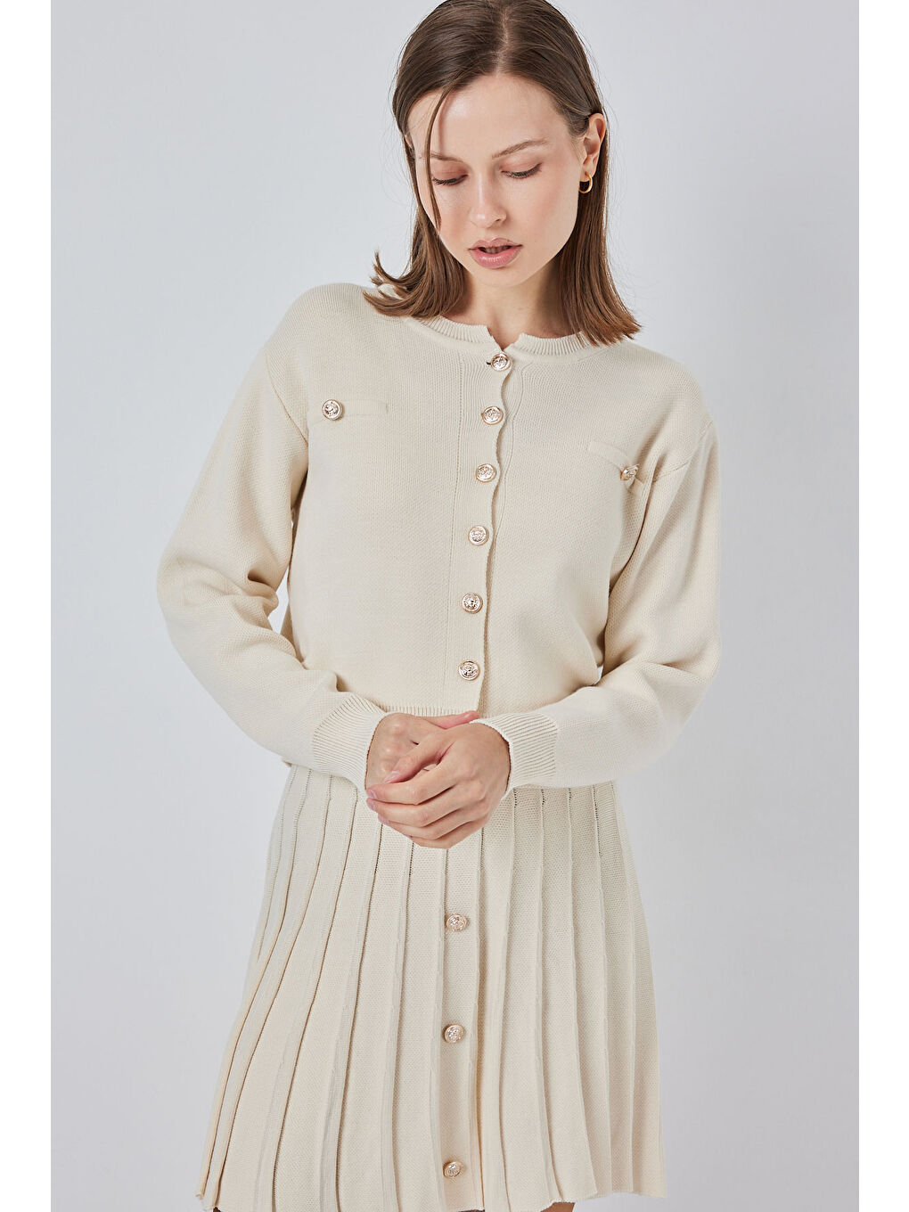 Ekru Kadın Triko Hırka Etek İkili Takım 15942 - Krem-2