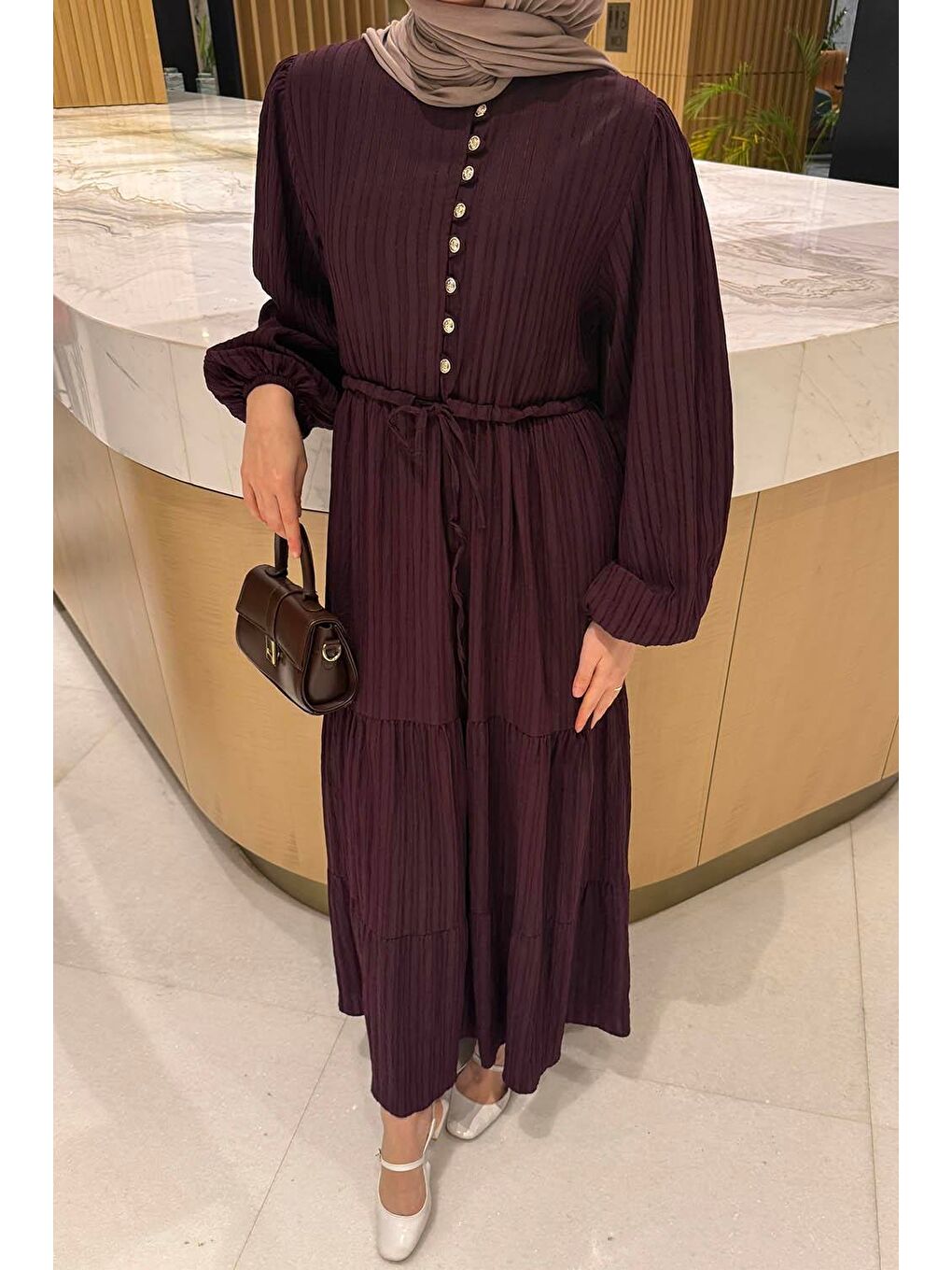 Biritli Tesettür Elbise Mürdüm-2