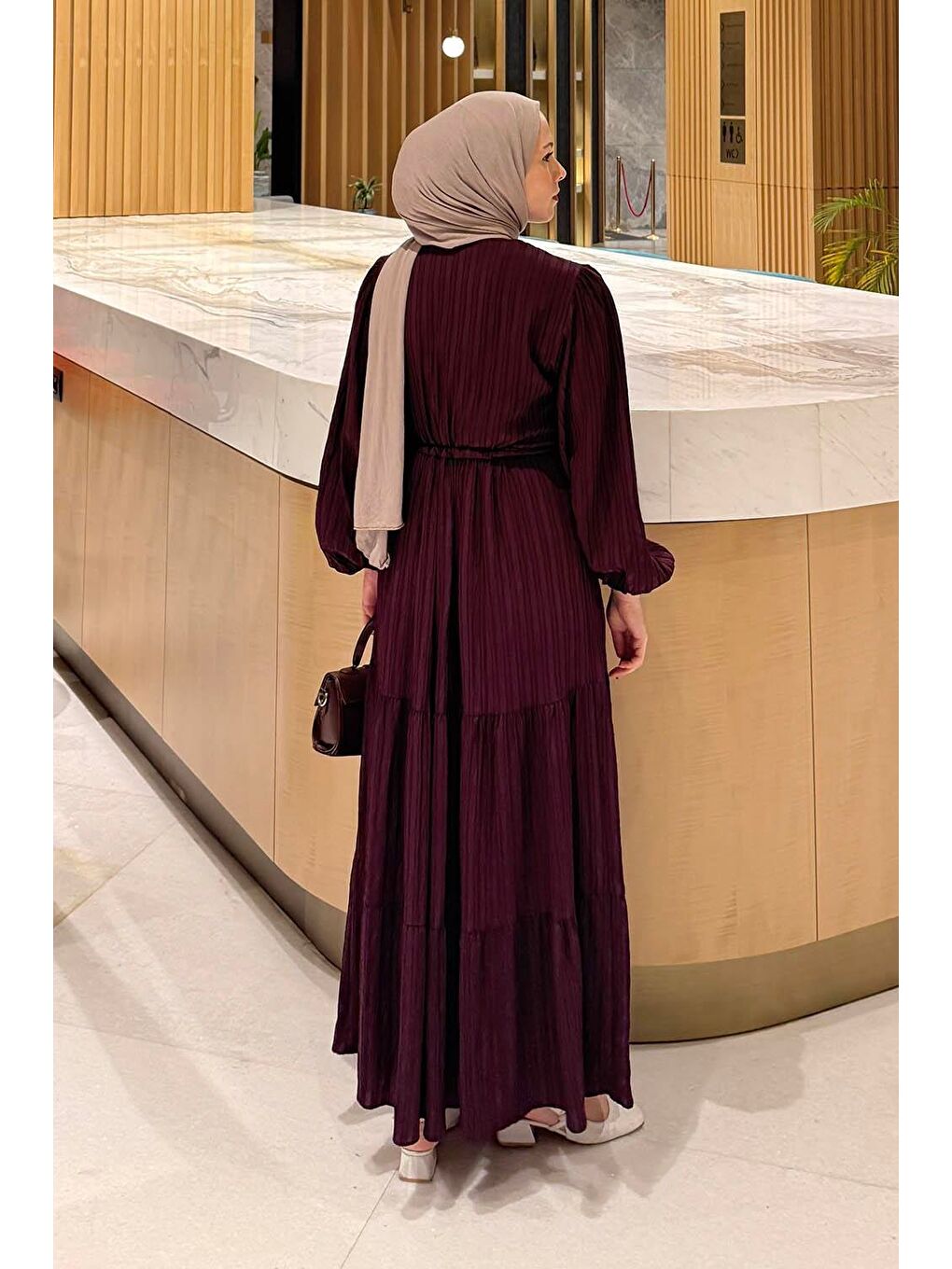 Biritli Tesettür Elbise Mürdüm-3