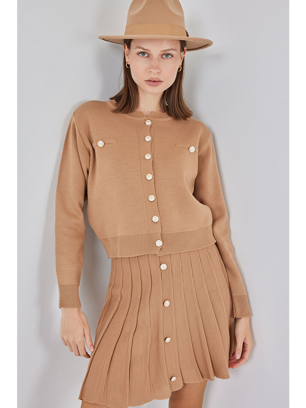 Bej Kadın Triko Hırka Etek İkili Takım 15942 - Bisküvi