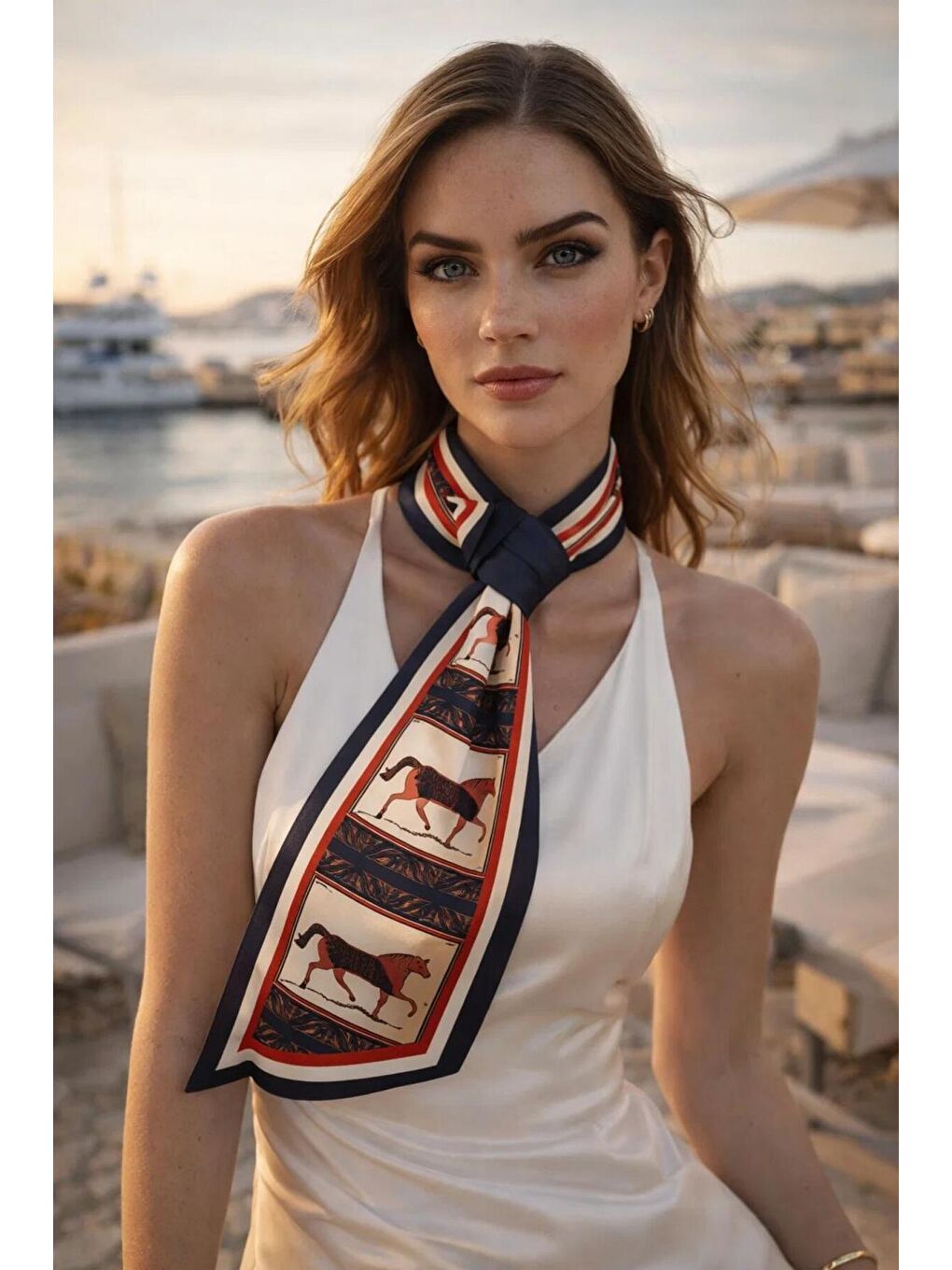 Kadın Lacivert Bordürlü Kırmızı At Figürlü Etnik Desen Premium Boyun Fuları FLR1000 LACIVERT-2