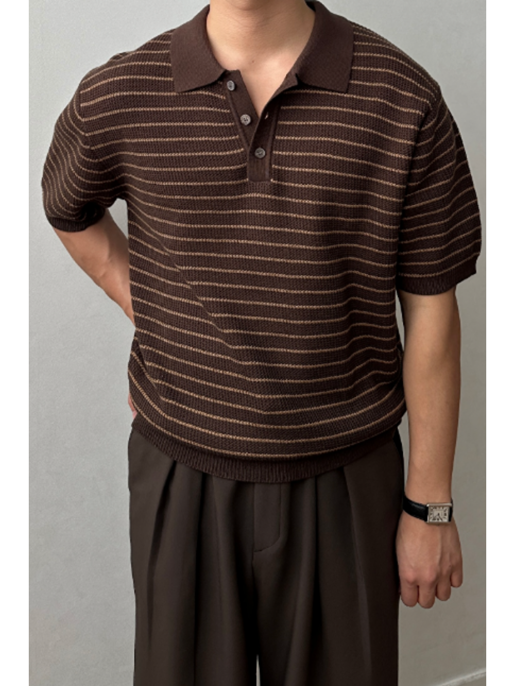 Erkek Kahverengi Çizgili Düğmeli Regular Fit Triko T-Shirt