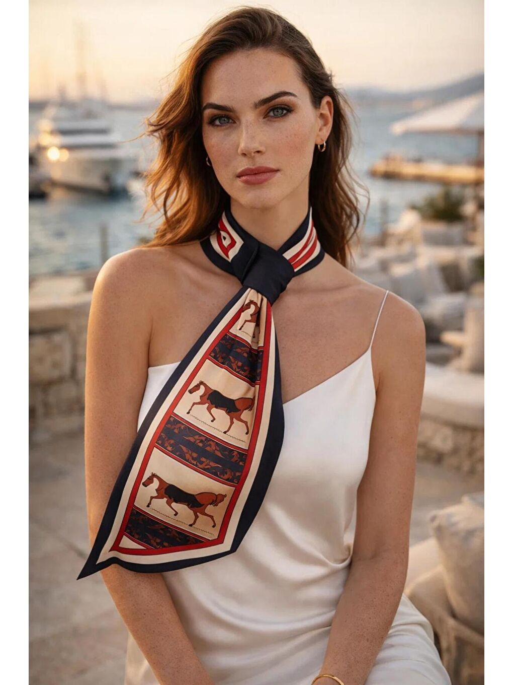 Kadın Lacivert Bordürlü Kırmızı At Figürlü Etnik Desen Premium Boyun Fuları FLR1000 LACIVERT-3