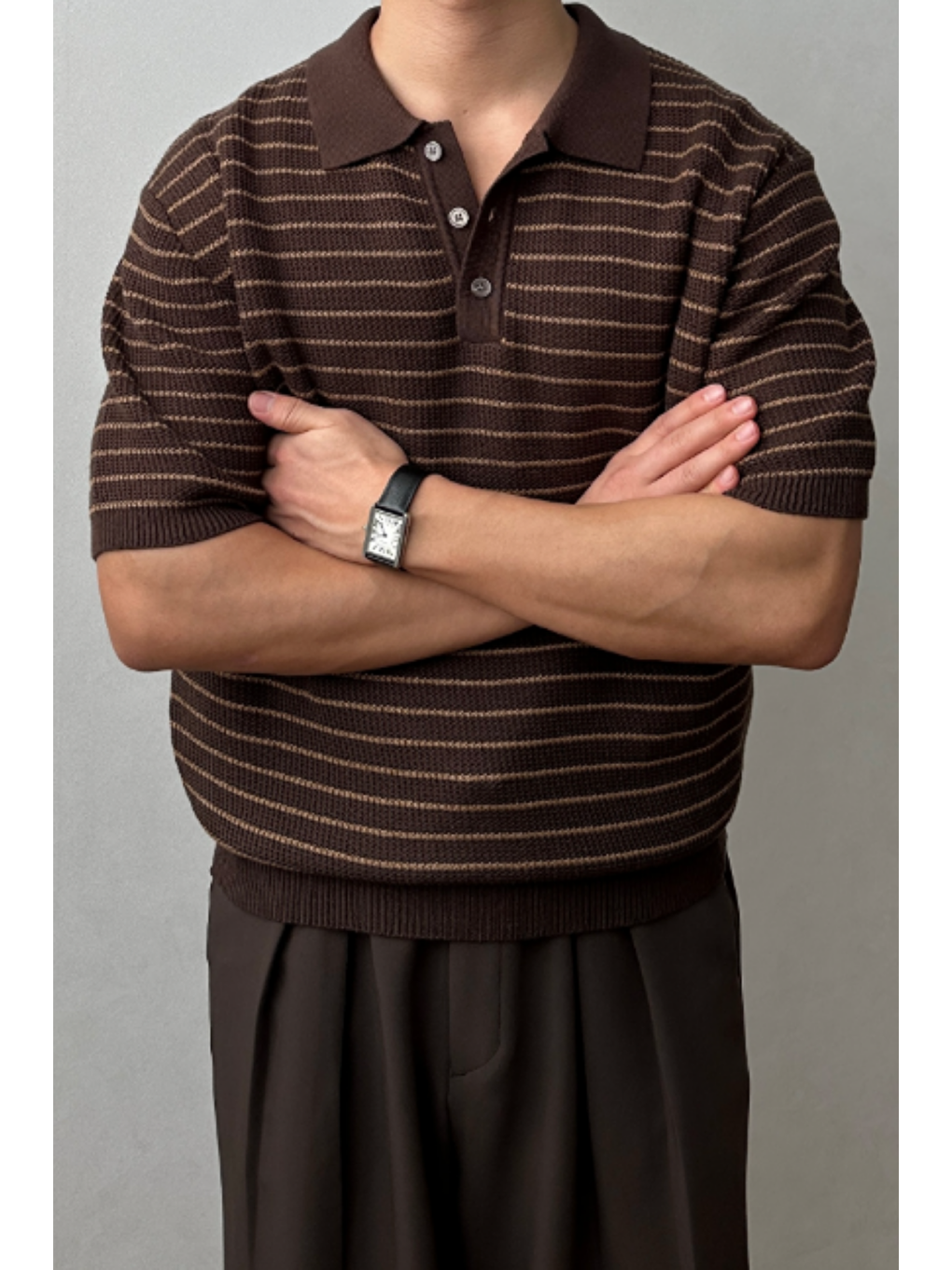 Erkek Kahverengi Çizgili Düğmeli Regular Fit Triko T-Shirt-1