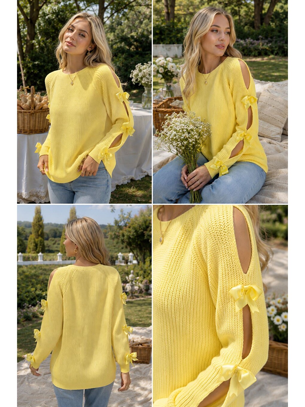 Sarı Kadın Fiyonk Detaylı Triko Bluz-3