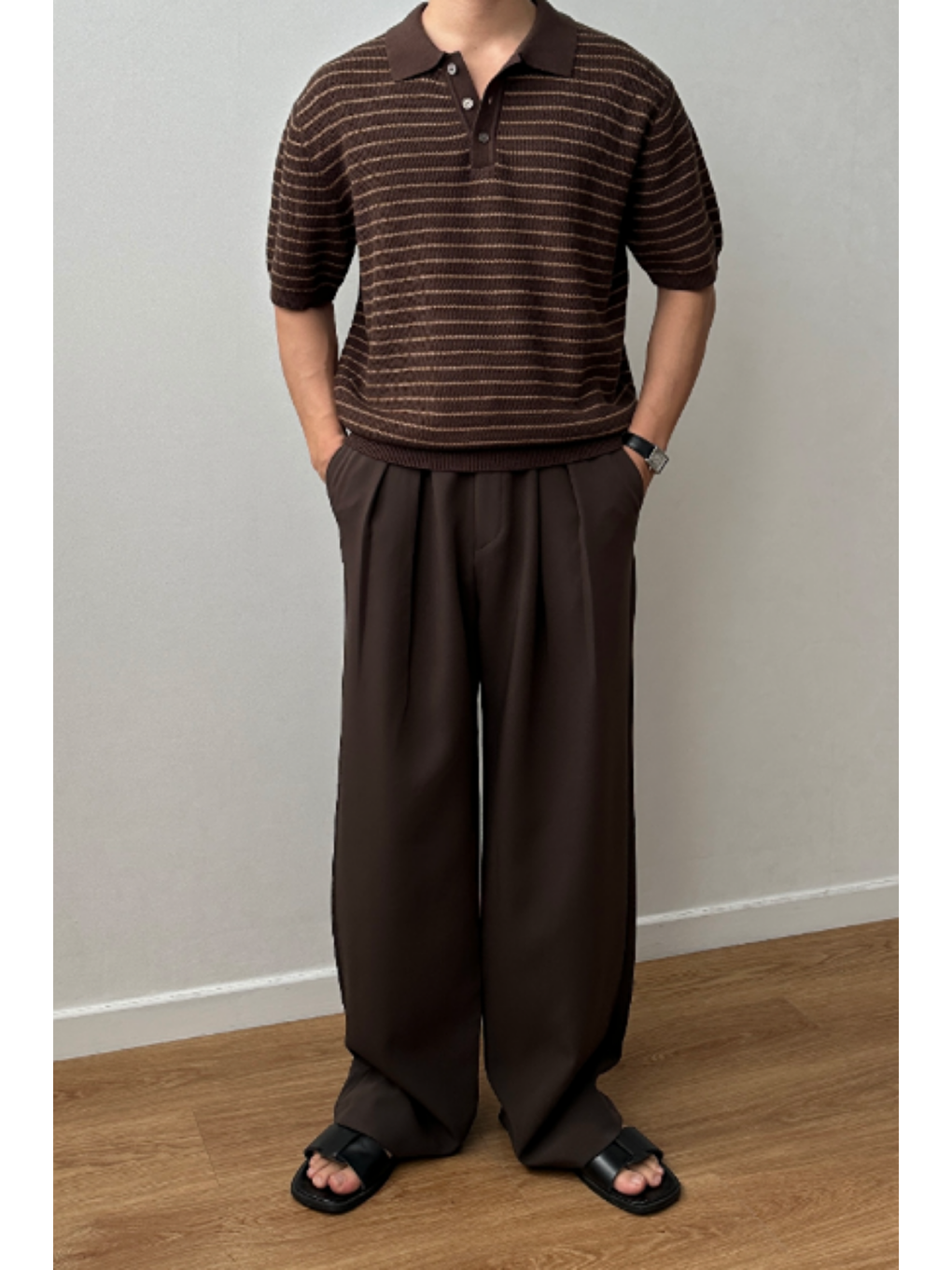 Erkek Kahverengi Çizgili Düğmeli Regular Fit Triko T-Shirt-2