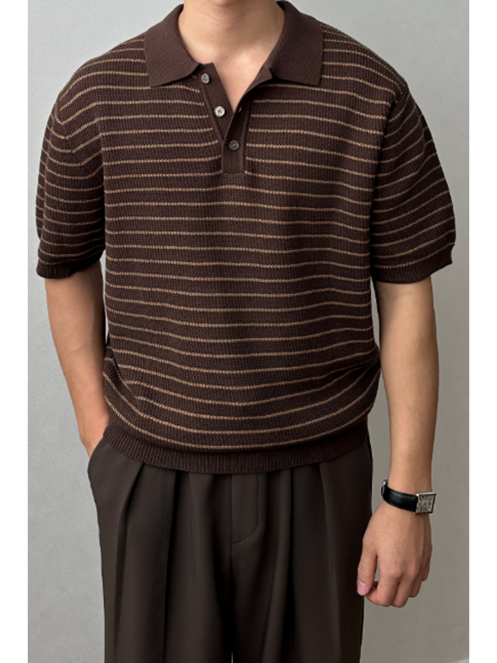 Erkek Kahverengi Çizgili Düğmeli Regular Fit Triko T-Shirt-3