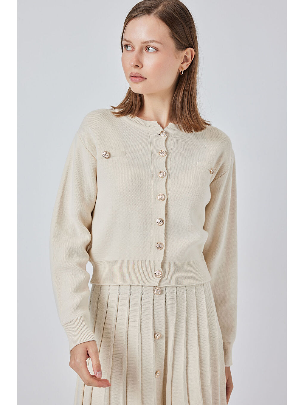 Ekru Kadın Triko Hırka Etek İkili Takım 15942 - Krem-3