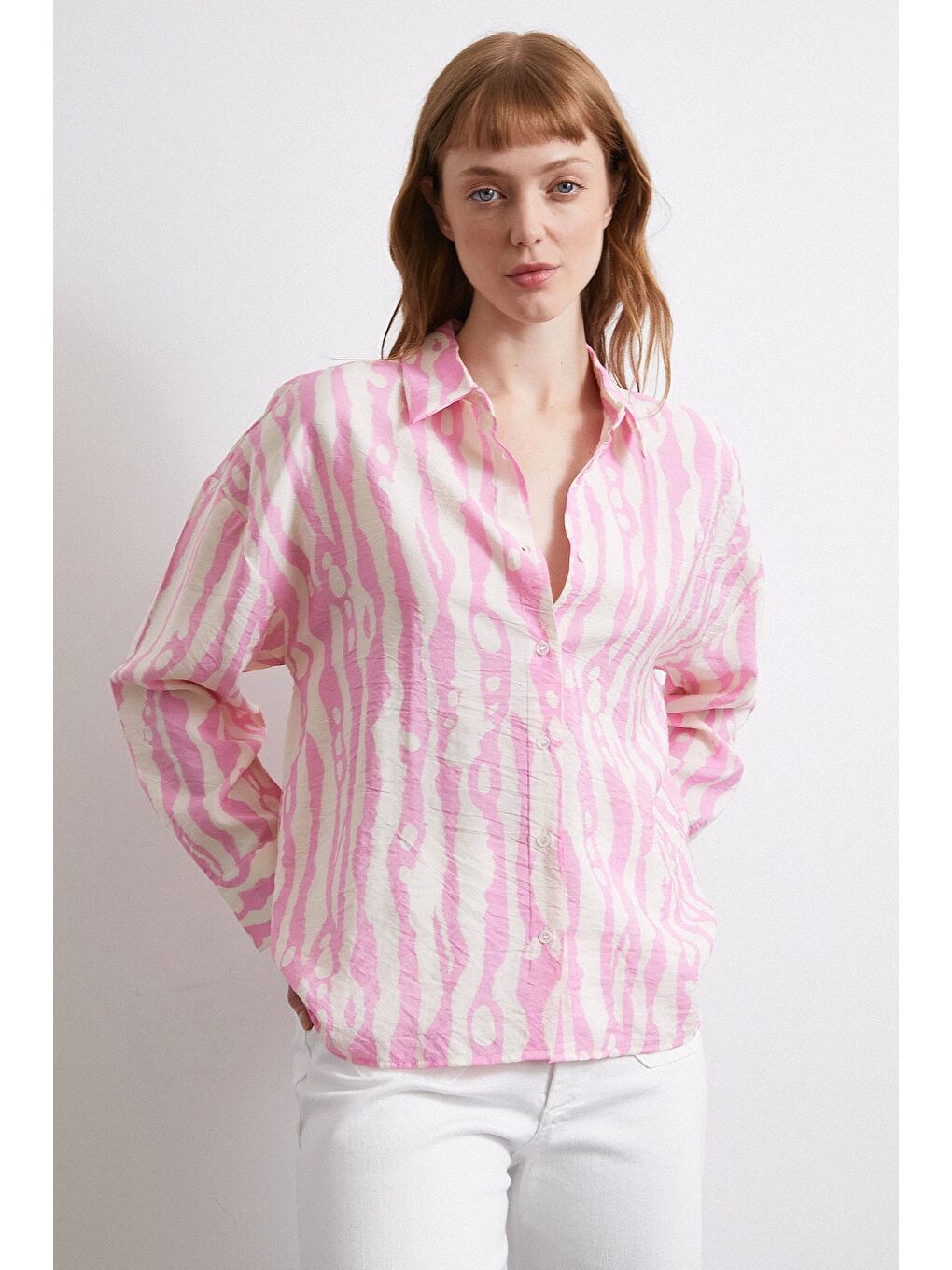 Zebra Desen Modal Gömlek Pembe-4