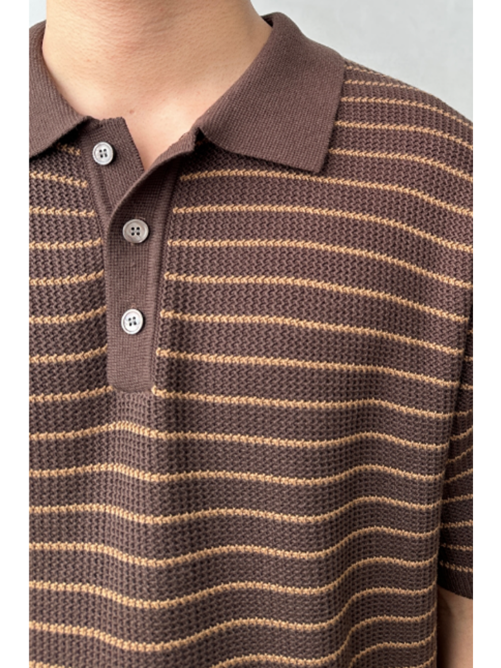 Erkek Kahverengi Çizgili Düğmeli Regular Fit Triko T-Shirt-4