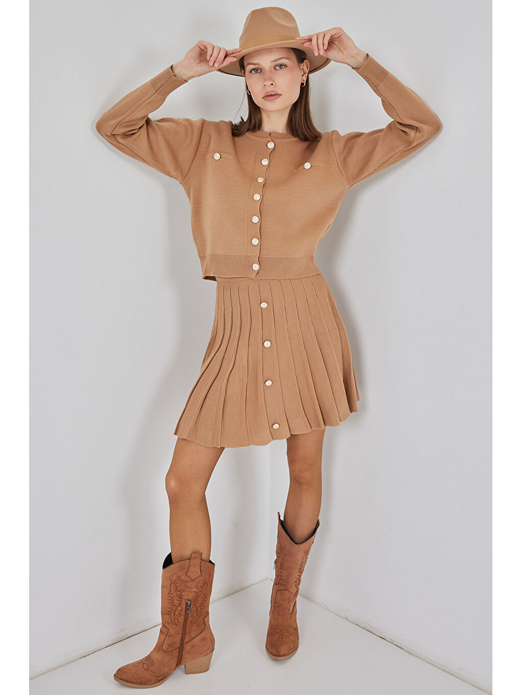 Bej Kadın Triko Hırka Etek İkili Takım 15942 - Bisküvi-1