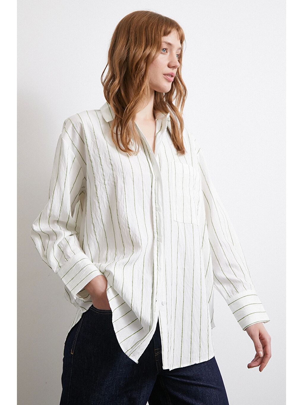 Çizgili Cepli Gömlek Haki-4