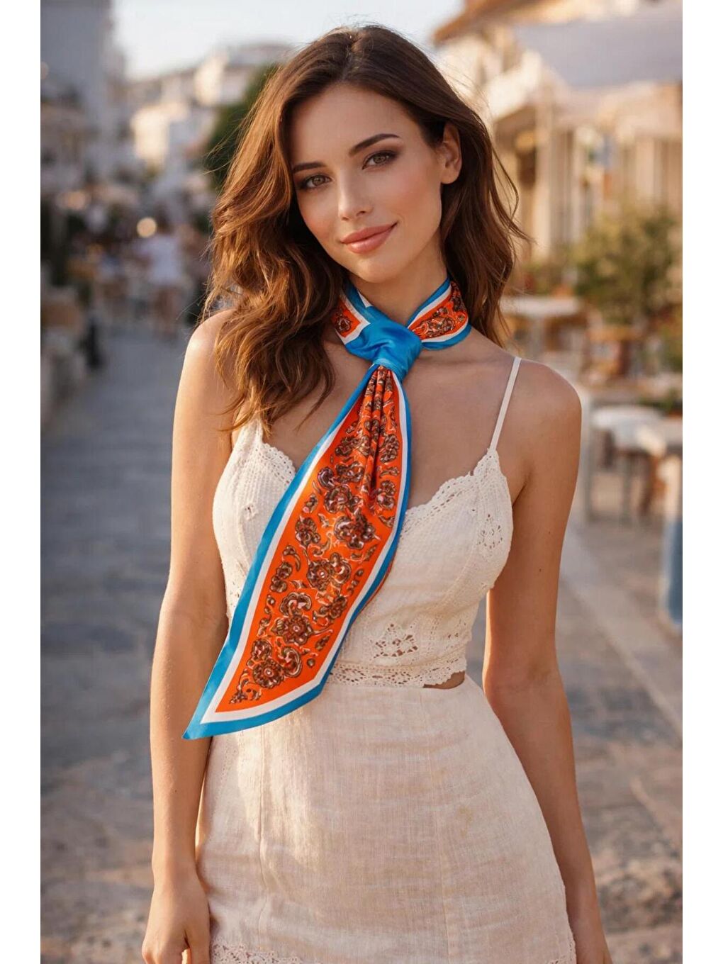 Kadın Turuncu Mavi Çiçek Desenli Premium Boyun Fuları FLR1007 MAVI-2
