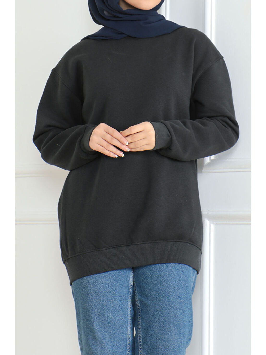 Kadın Bisiklet Yaka Salak Sweatshirt Antrasit - 26617