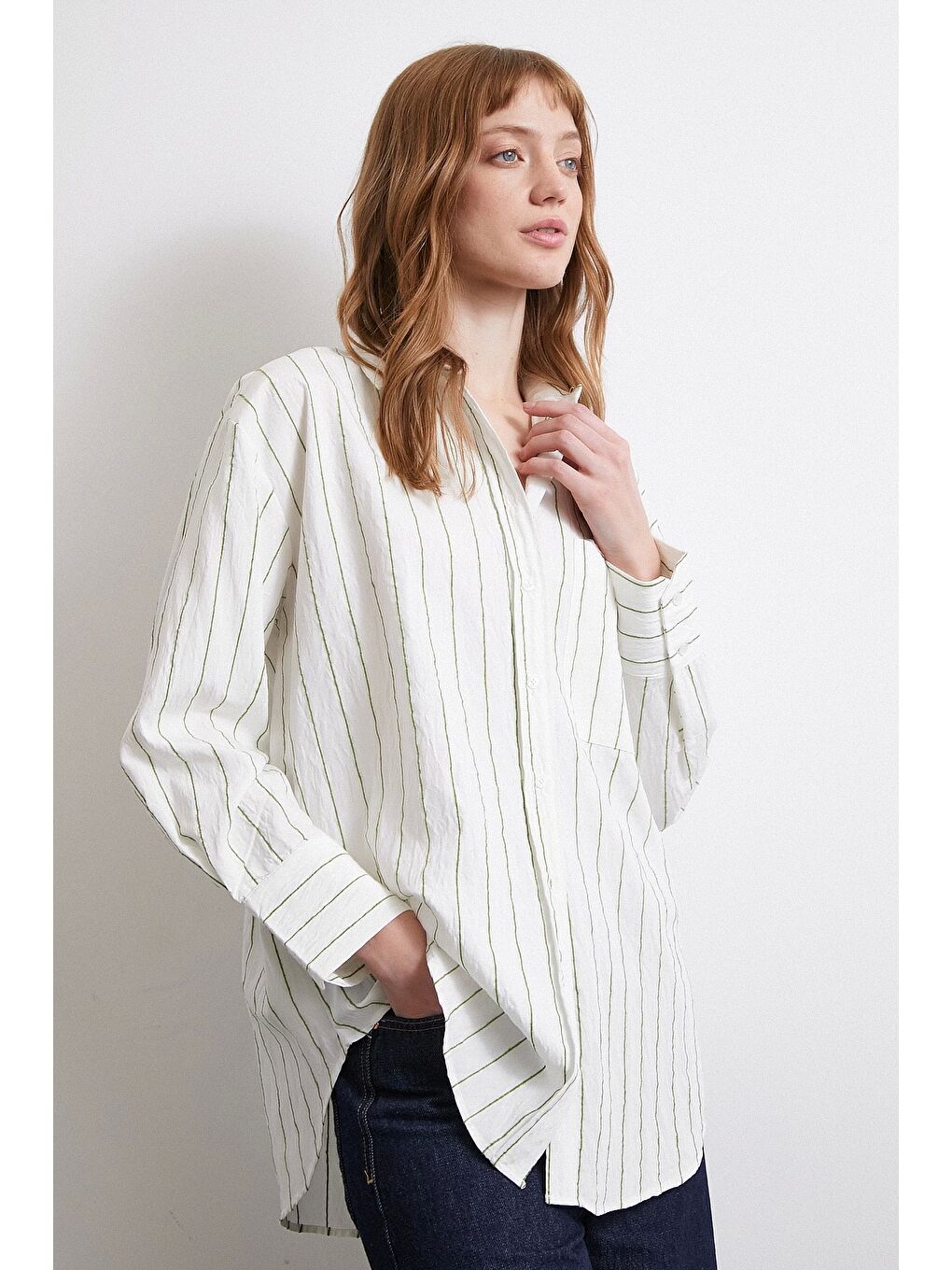 Çizgili Cepli Gömlek Haki-5