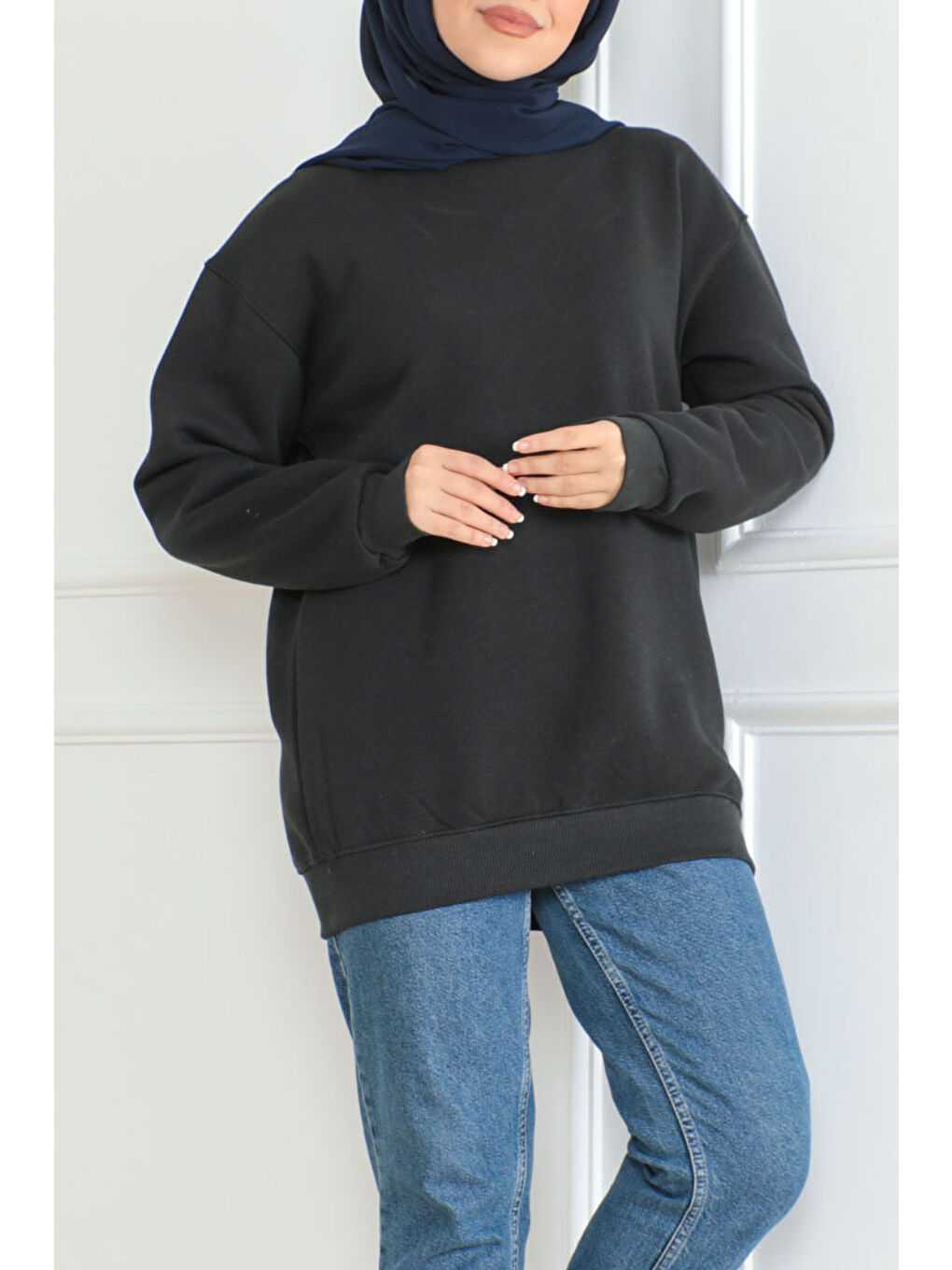 Kadın Bisiklet Yaka Salak Sweatshirt Antrasit - 26617-1