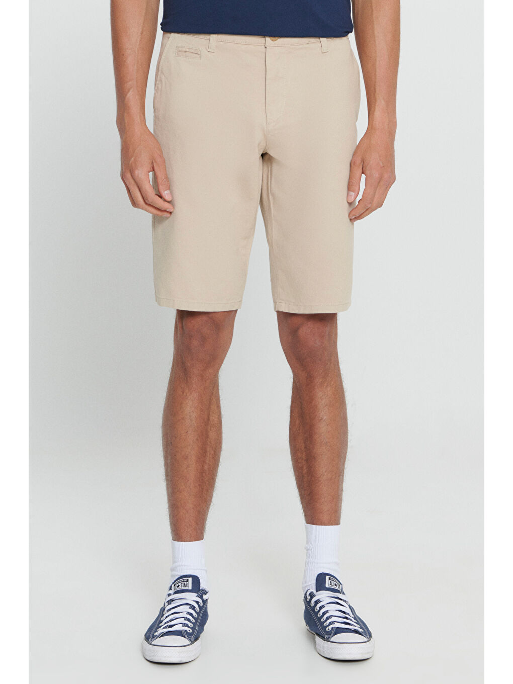 Erkek Bej Slim Fit Dar Kesim Armürlü %100 Pamuk Casual Chino Şort-1