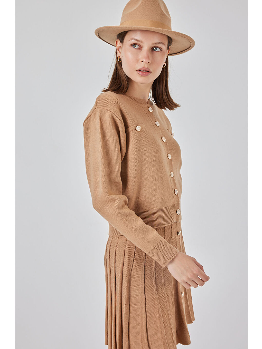 Bej Kadın Triko Hırka Etek İkili Takım 15942 - Bisküvi-2