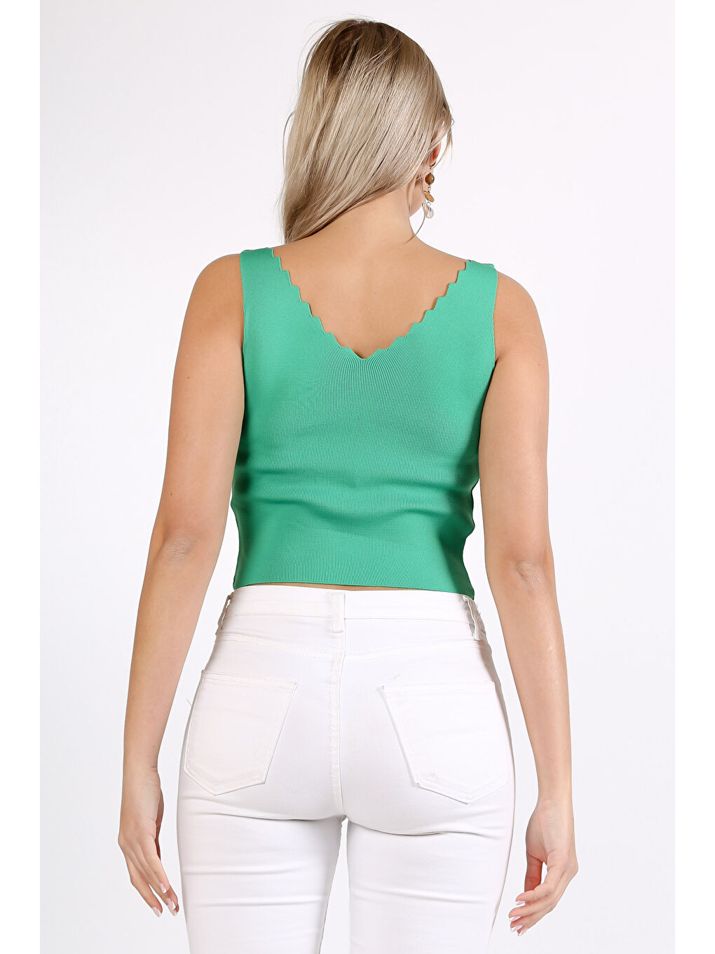 Yeşil V Yaka Fitted Casual Triko Bluz-1