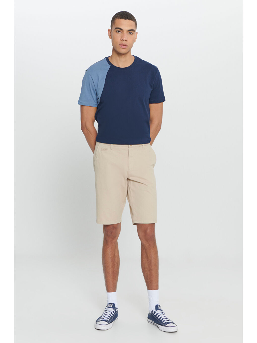 Erkek Bej Slim Fit Dar Kesim Armürlü %100 Pamuk Casual Chino Şort-2