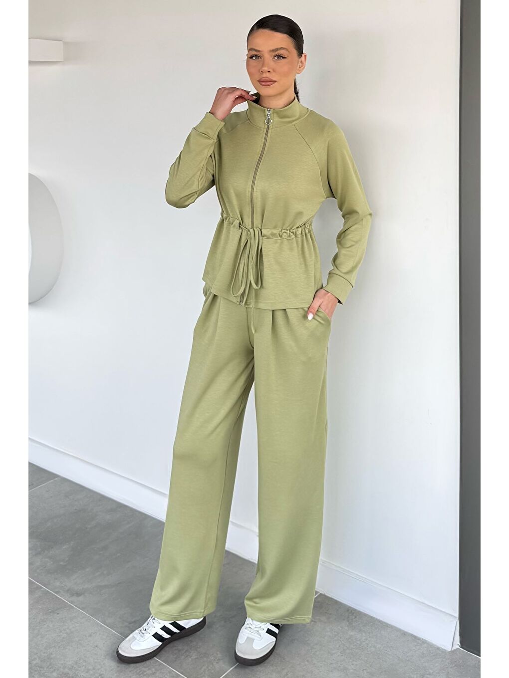 Haki Kadın Bel Büzgülü Kemerli Sweat Pantolon İkili Takım