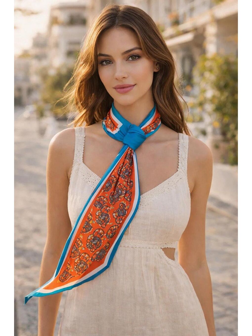 Kadın Turuncu Mavi Çiçek Desenli Premium Boyun Fuları FLR1007 MAVI-3