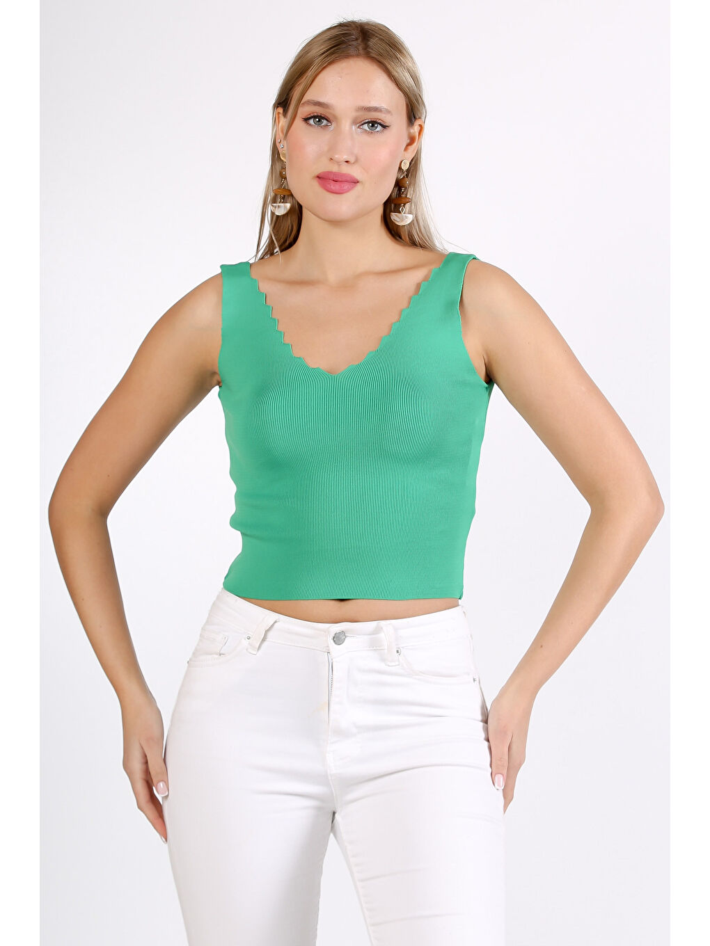 Yeşil V Yaka Fitted Casual Triko Bluz-2