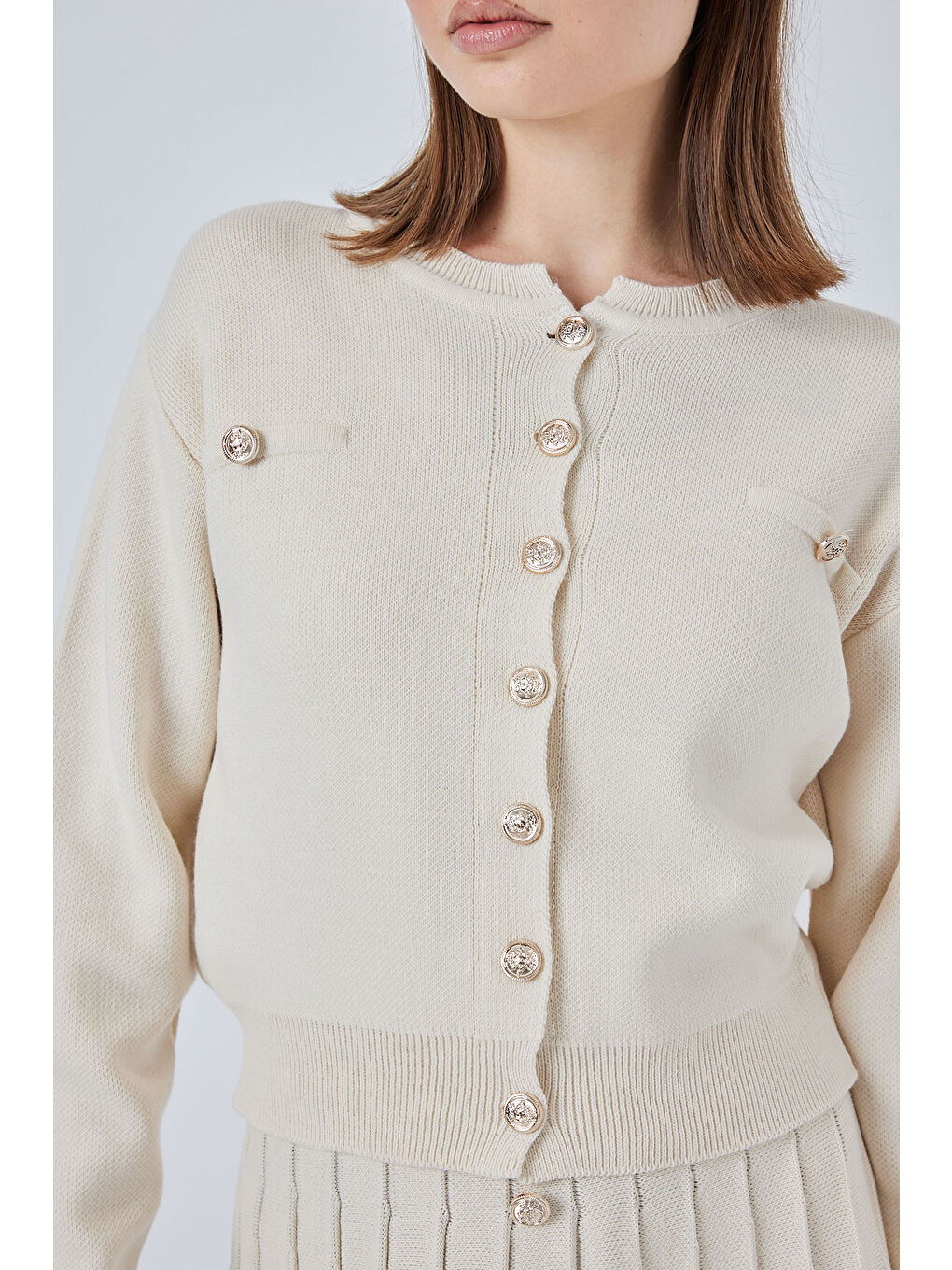 Ekru Kadın Triko Hırka Etek İkili Takım 15942 - Krem-4