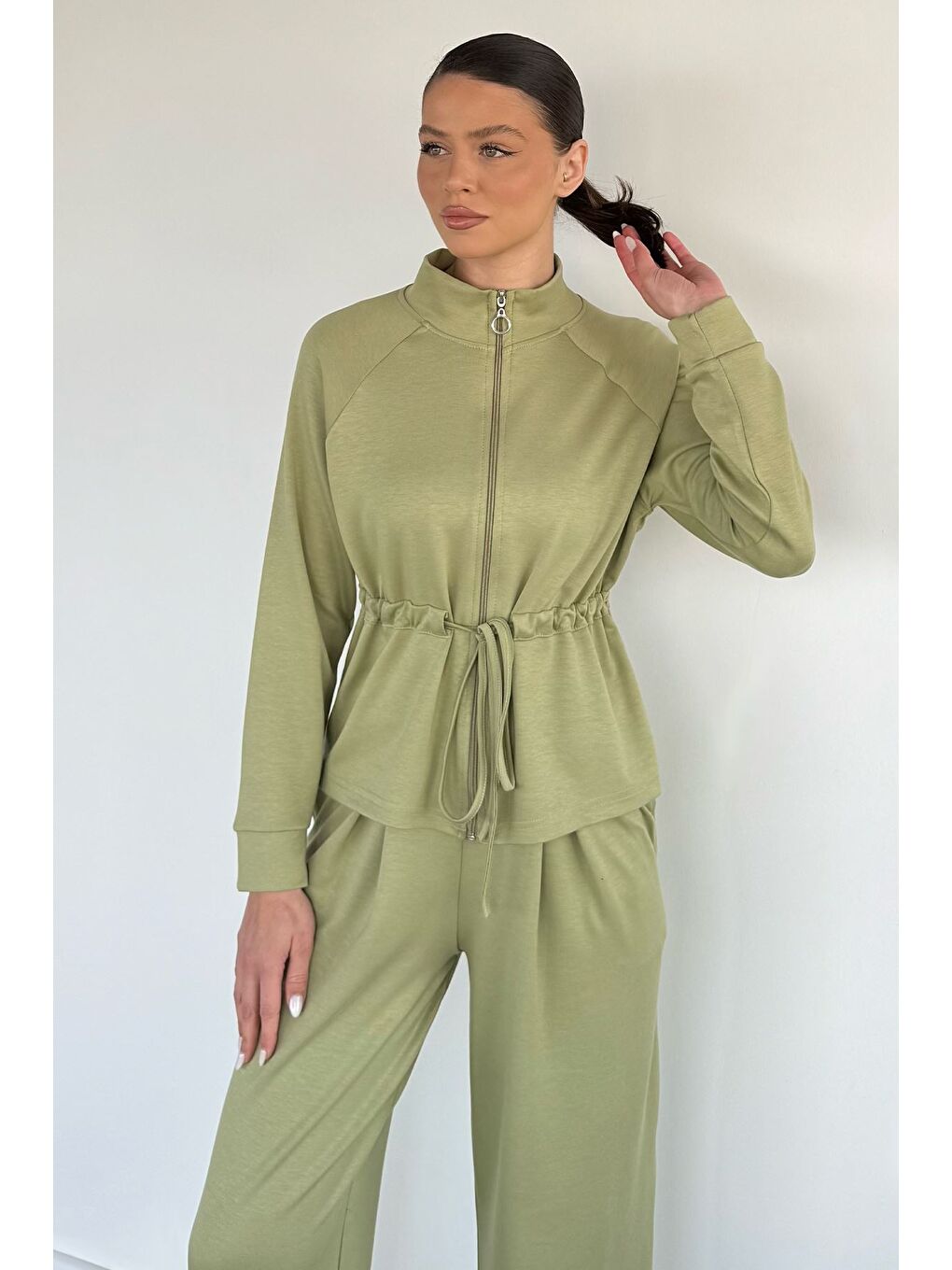 Haki Kadın Bel Büzgülü Kemerli Sweat Pantolon İkili Takım-2