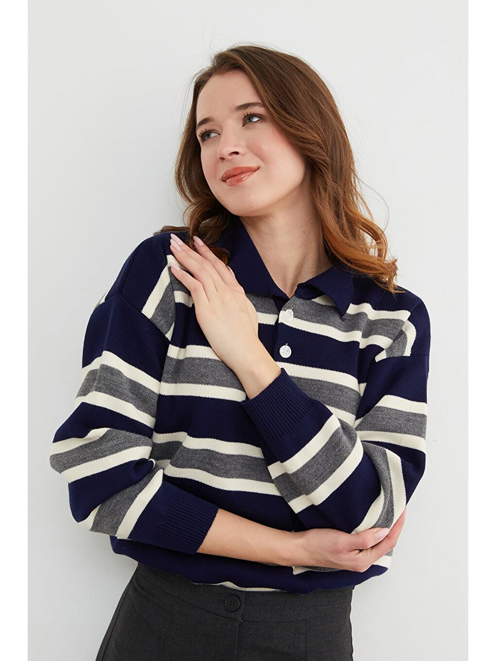 Lacivert Şeritli Yarım Düğmeli Polo Yaka Triko Kazak-1