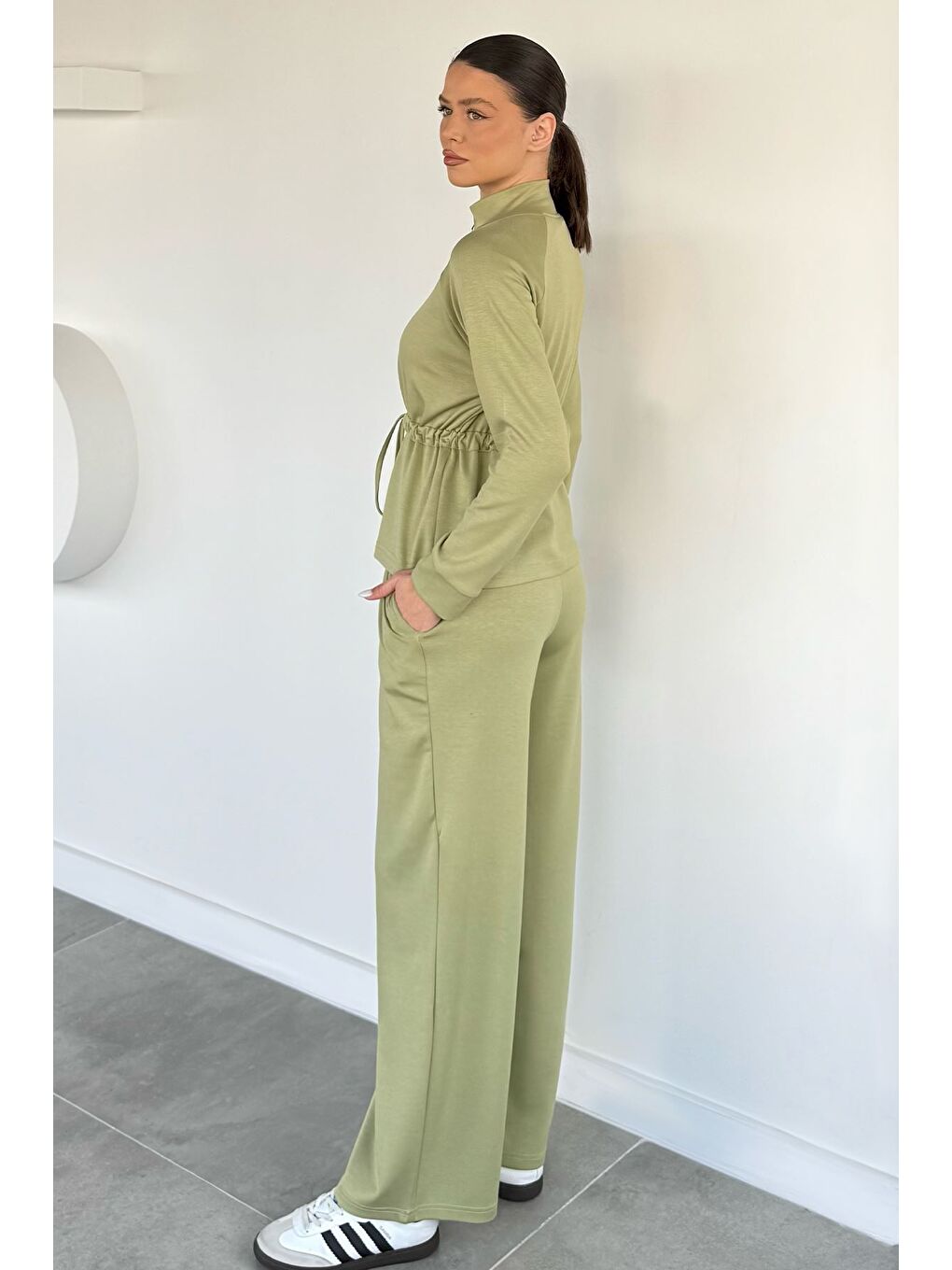 Haki Kadın Bel Büzgülü Kemerli Sweat Pantolon İkili Takım-3