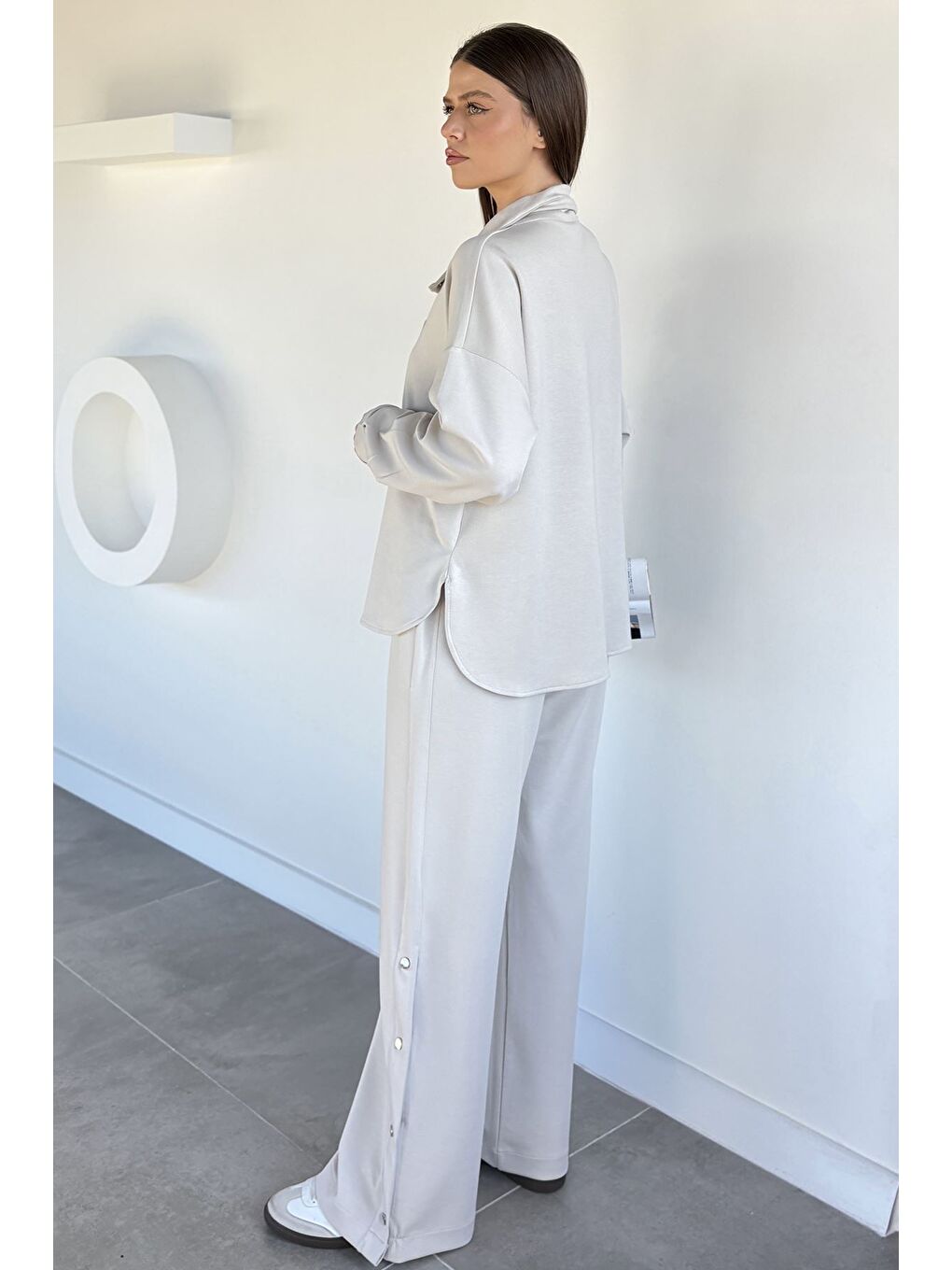 Bej Kadın Çıtçıt Detaylı Sweat Bel Lastikli Pantolon İkili Takım-4