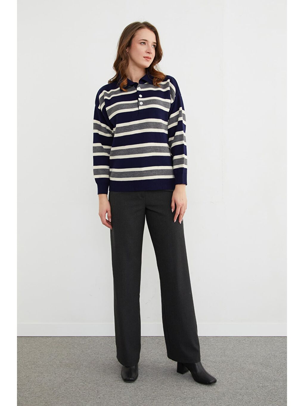 Lacivert Şeritli Yarım Düğmeli Polo Yaka Triko Kazak-2