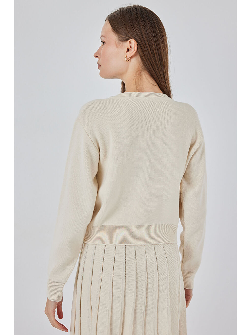 Ekru Kadın Triko Hırka Etek İkili Takım 15942 - Krem-5