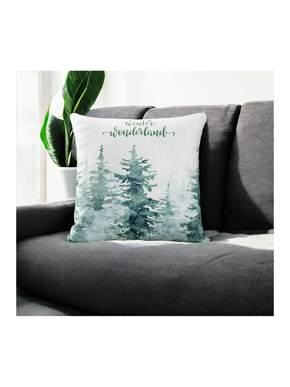 Yılbaşı Kırlent Kılıfı Beyaz Yeşil Yeni Yıl Kış Harikalar Diyarı Yazılı 43x43-1