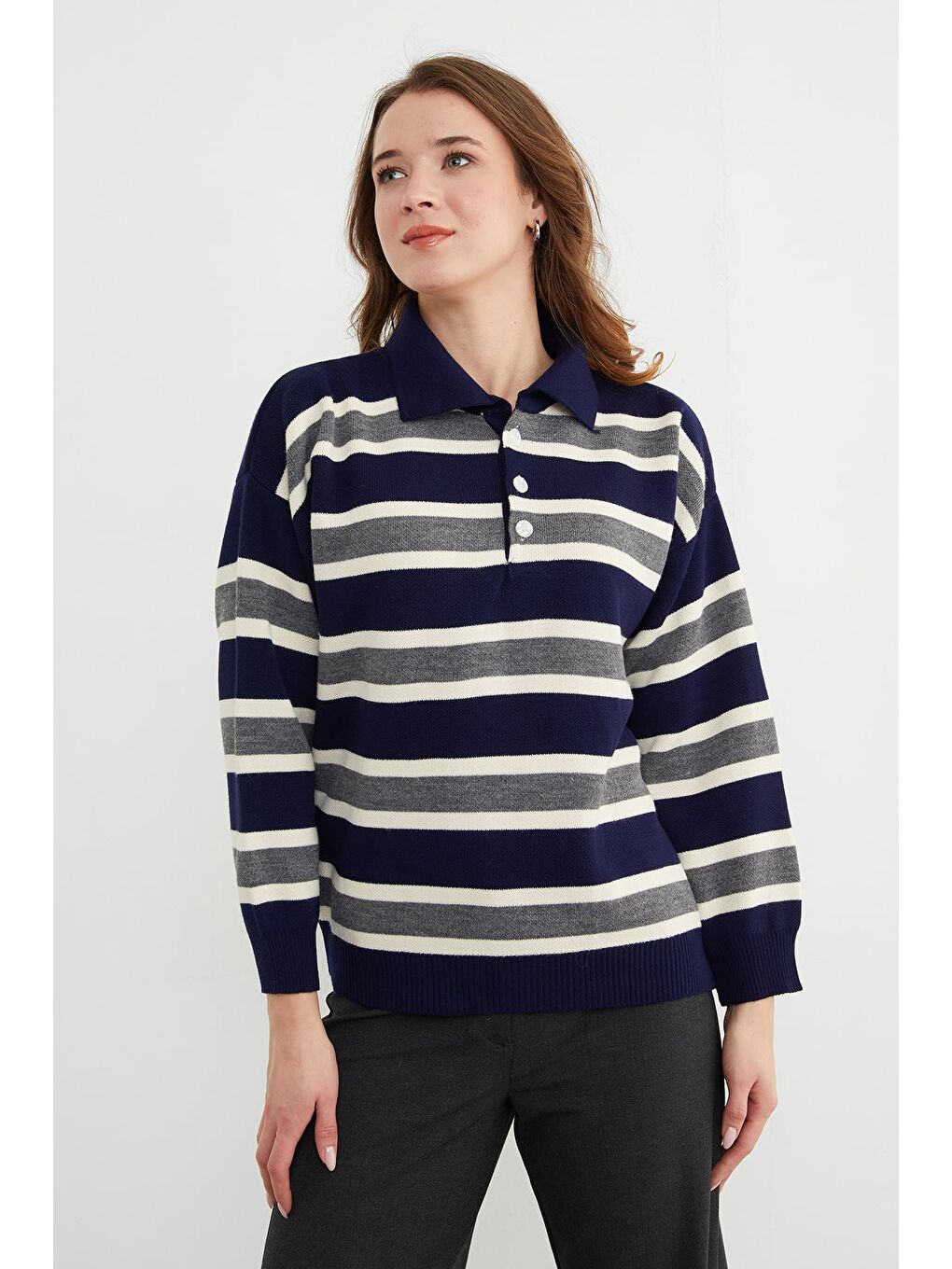 Lacivert Şeritli Yarım Düğmeli Polo Yaka Triko Kazak-3