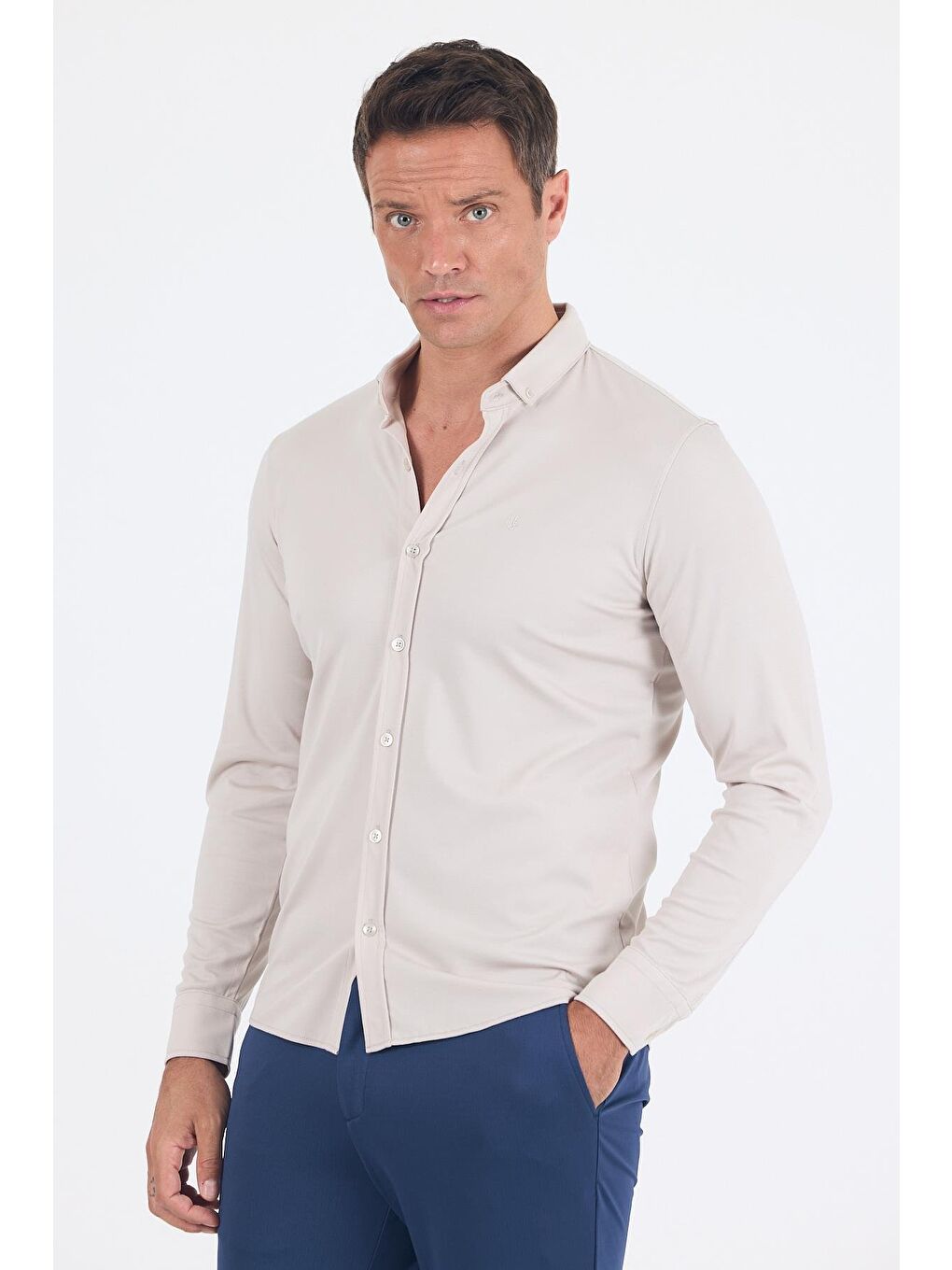 Bej Taş Rengi İtalyan Düğmeli Yaka Uzunkol Cepsiz Slim Fit Gömlek 1004250254-2