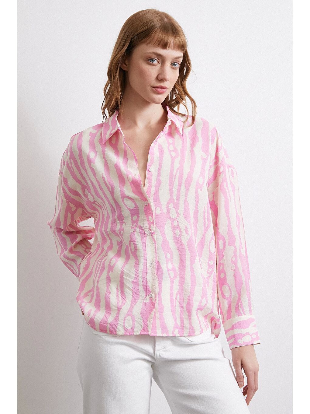 Zebra Desen Modal Gömlek Pembe-5