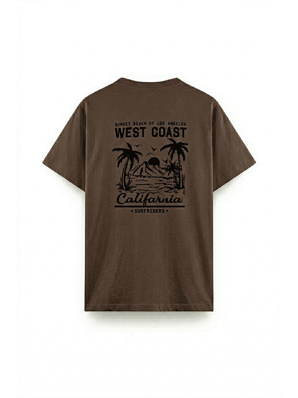Kahverengi West Coast Surfriders California Baskılı Erkek Unisex Oversize Tişört Büyük Beden Tshirt