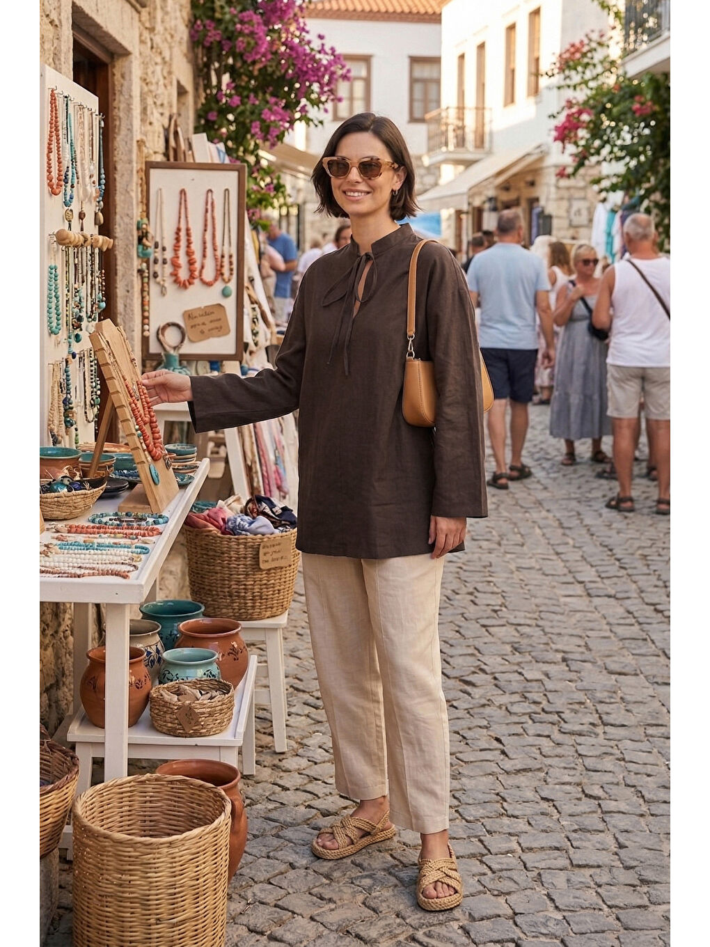 Kahverengi Bağlamalı Hakim Yaka Pamuklu Rahat Bluz 6925480