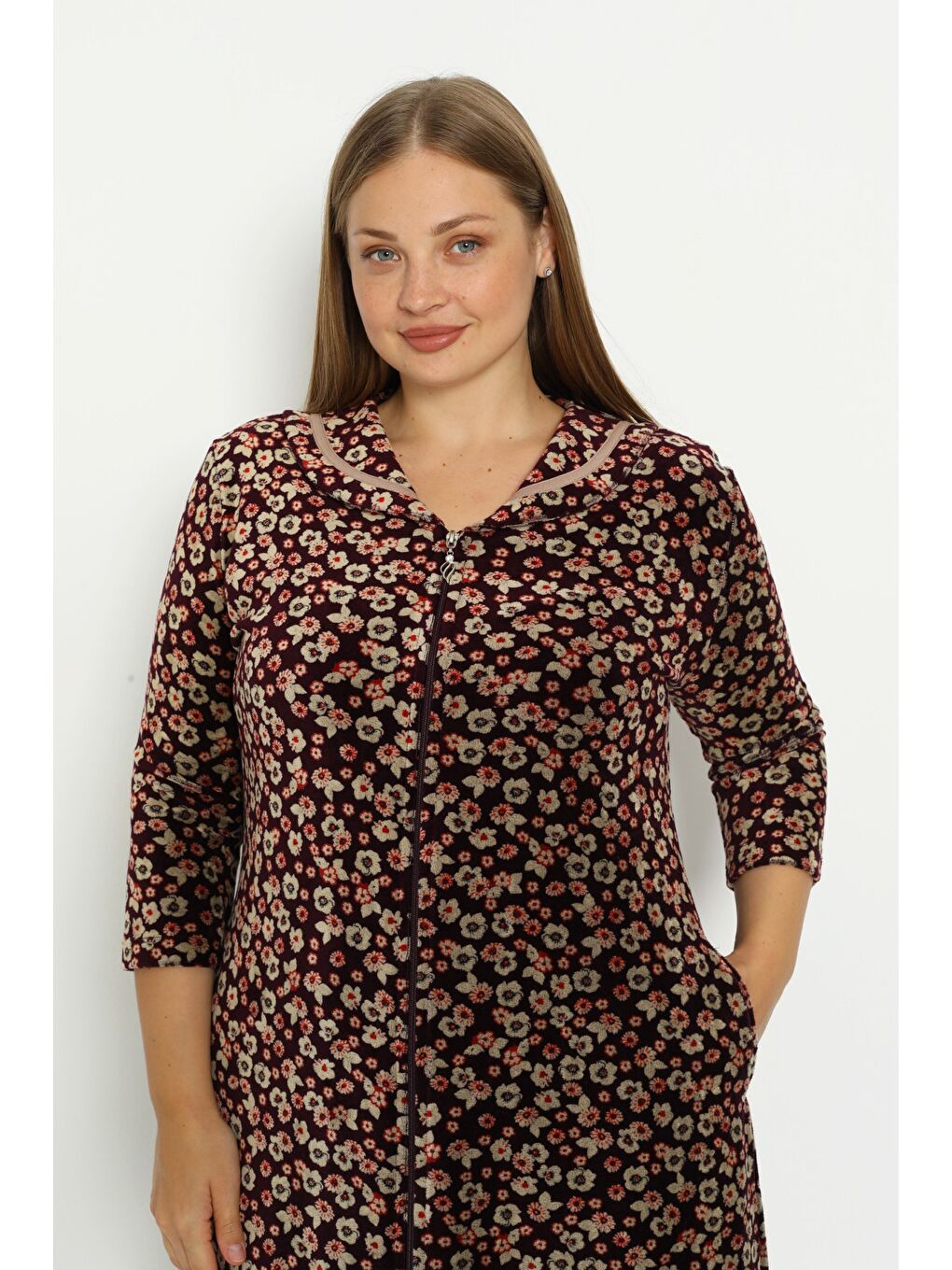 Kahverengi Koyu Kahve Çiçek Desenli Pamuklu Kadife Fermuarlı Cepli Biyeli Truvakar Kollu Büyük Beden Elbise-2