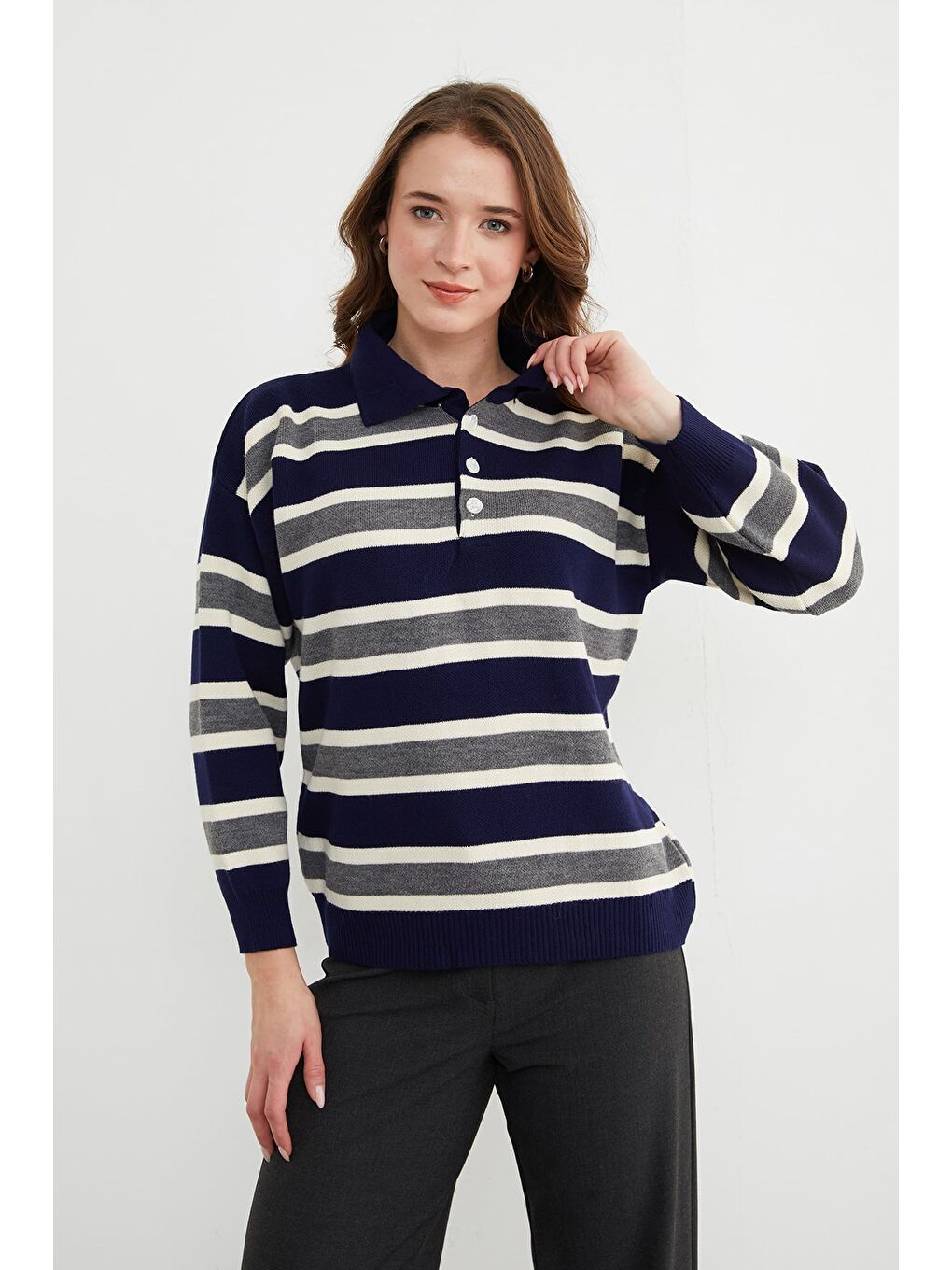 Lacivert Şeritli Yarım Düğmeli Polo Yaka Triko Kazak-4