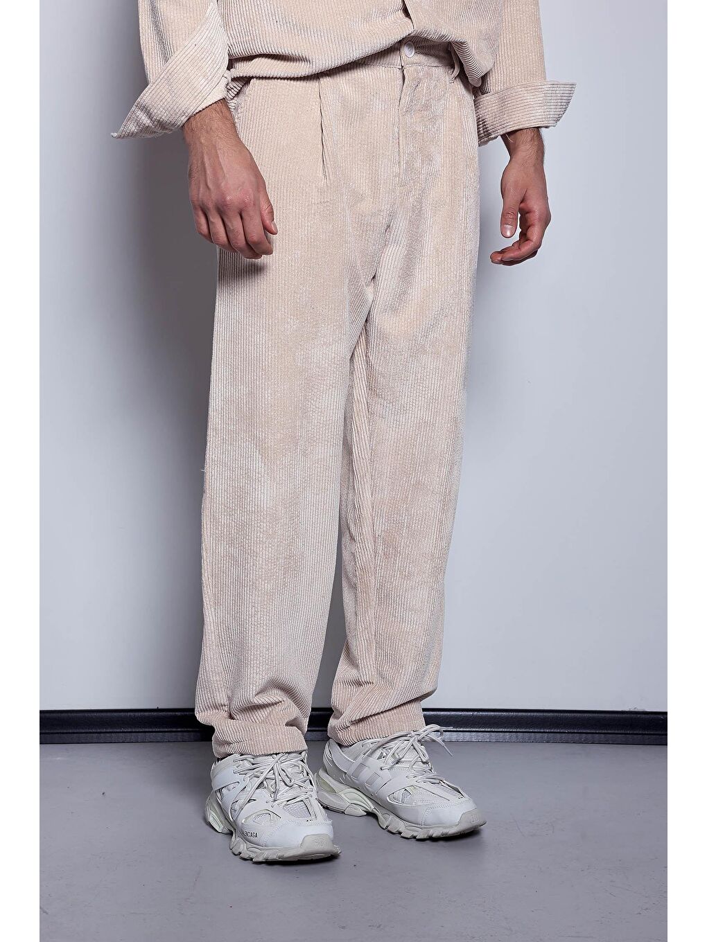 Bej Erkek Kadife Dokulu Baggy Fit Pantolon Taş Rengi-1