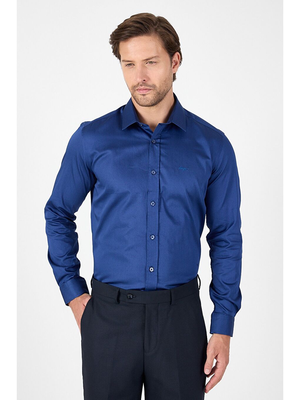 Lacivert Sert Yaka Düz Classic %100 Pamuk Slim Fit Gömlek 1004250324-4