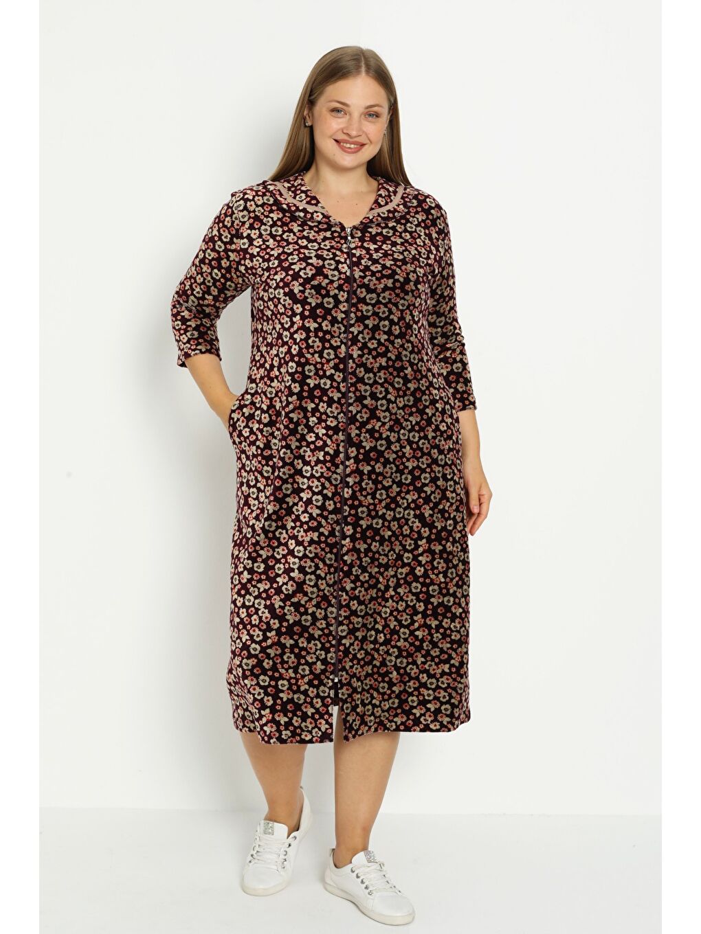 Kahverengi Koyu Kahve Çiçek Desenli Pamuklu Kadife Fermuarlı Cepli Biyeli Truvakar Kollu Büyük Beden Elbise-3