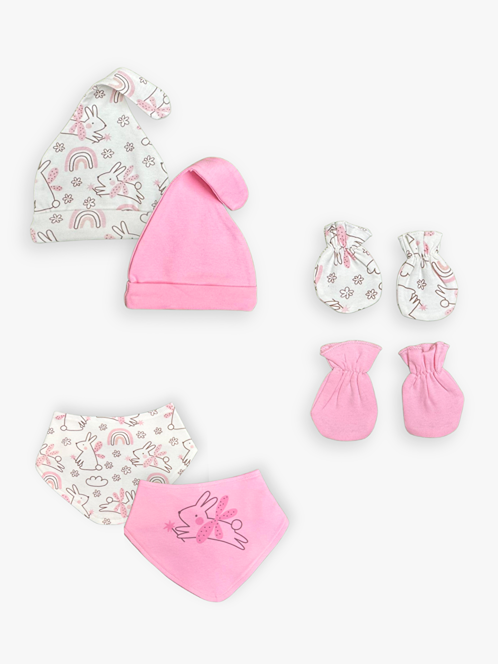 Pembe Baskılı Pamuklu Kız Bebek Şapka Eldiven ve Önlük 6'lı Takım