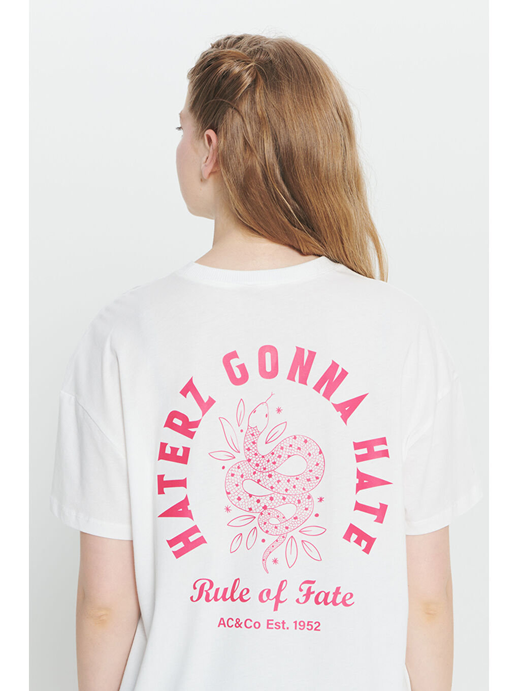 Ekru %100 Pamuk Oversize Fit Bol Kesim Bisiklet Yaka Baskılı Tişört-1