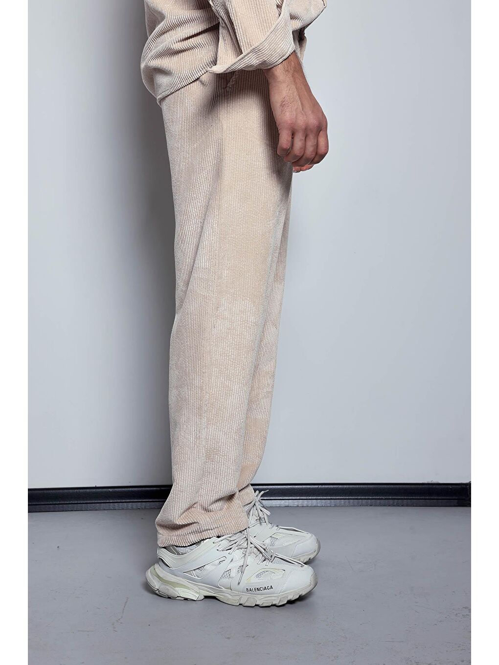 Bej Erkek Kadife Dokulu Baggy Fit Pantolon Taş Rengi-2