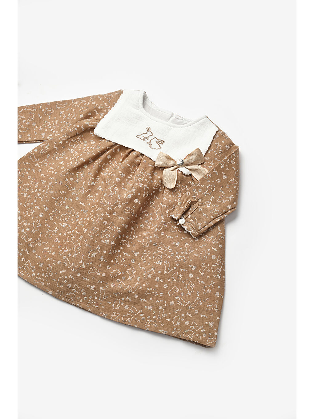 Bej Tavşan Nakışlı Kız Bebek Müslin Elbise - Lynne-2