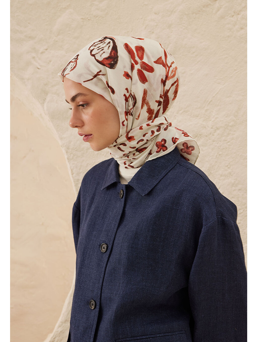 Kahverengi Amore Desen Pamuk Vual Eşarp Kızıl-1